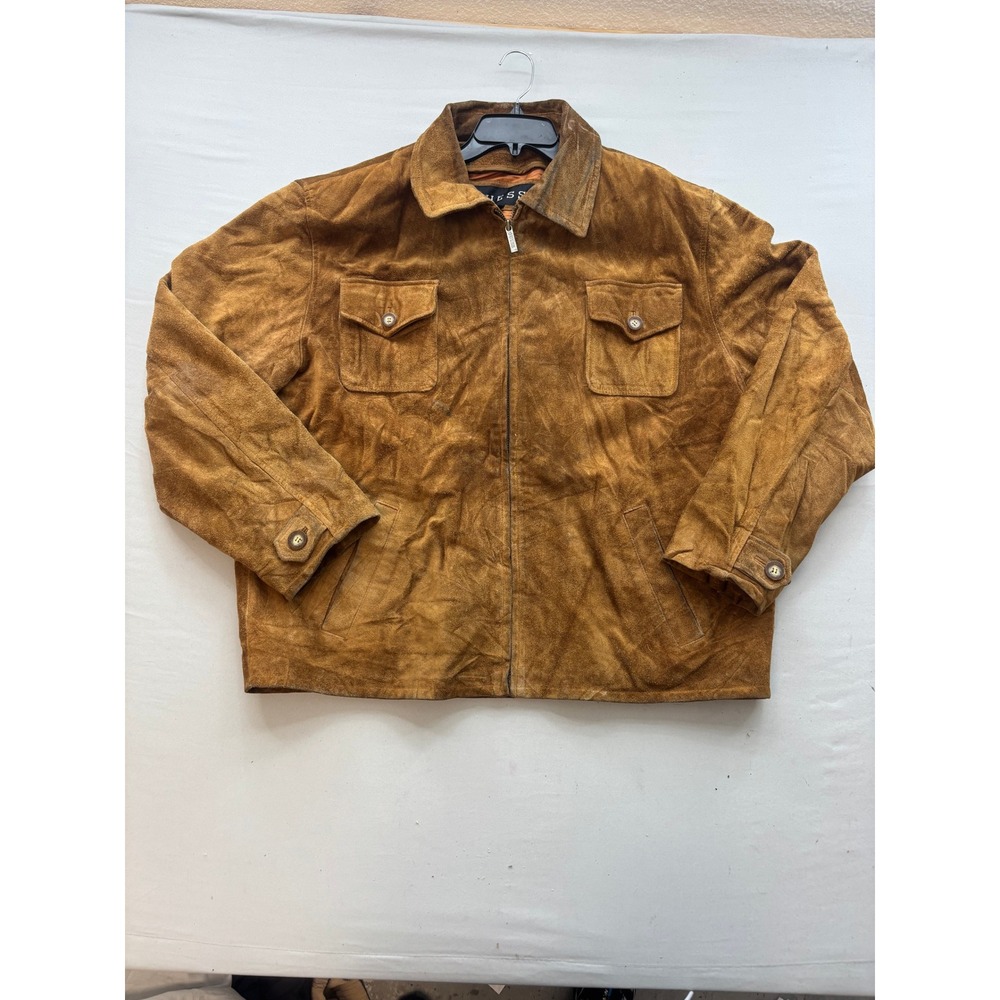 Guess Mens XL Brown Suede Leather Full Zip Trucker Jacket Vintage Tan Coat